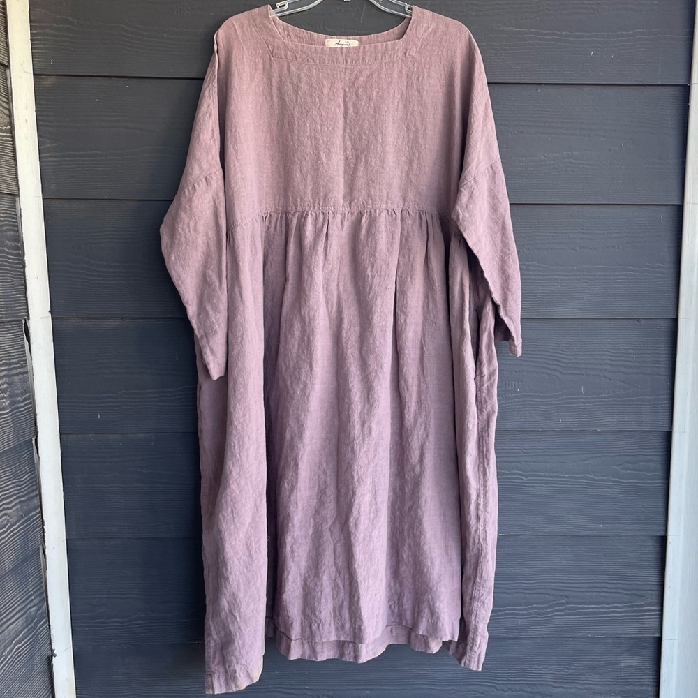 ichi antiquities linen pinkish lavender lilac OSFM oversized lagenlook dress -1i